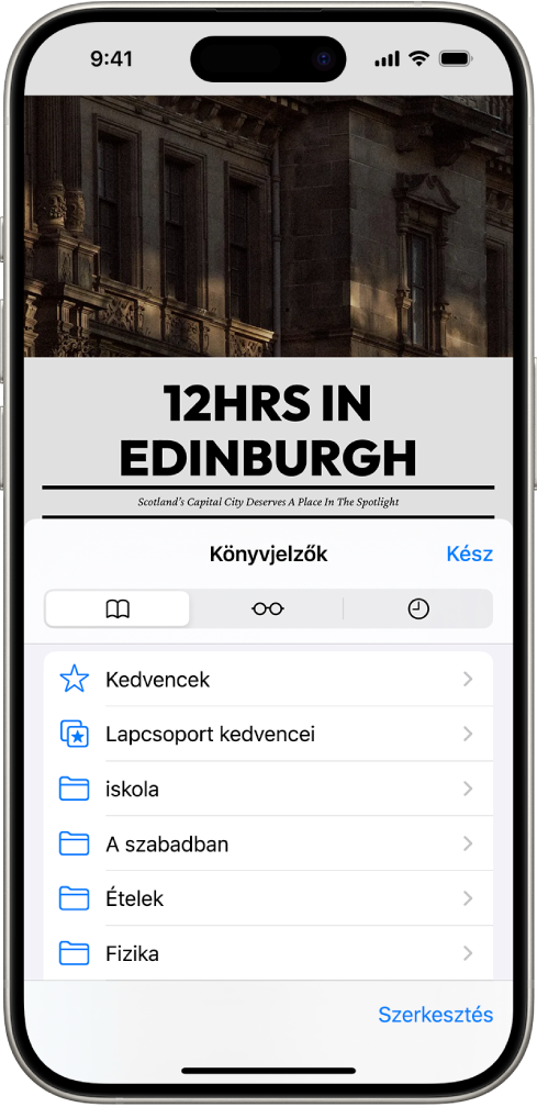 A Könyvjelzők képernyő különféle opciókkal, amelyekkel megjelenítheti a könyvjelzőket, az olvasási listát és a böngészési előzményeket.