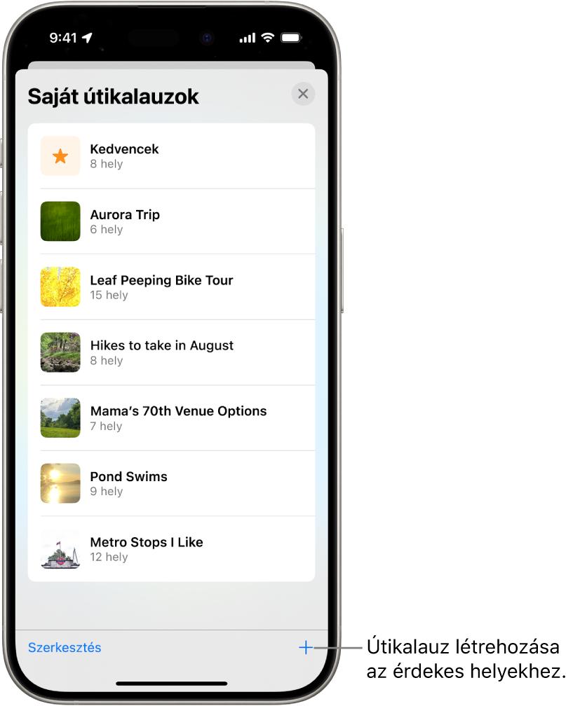 Számos egyéni útikalauz listája a Térképek appban, többek között a Kedvencek kategóriával és a jobb alsó sarokban található Új útikalauz gombbal.