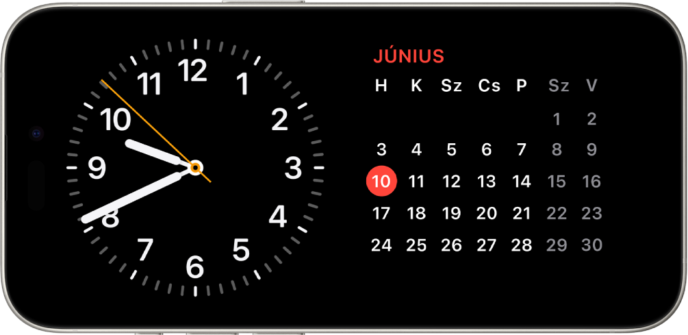 Az iPhone vízszintes irányban. A képernyő bal oldala egy órát jelenít meg, a képernyő jobb oldalán pedig a dátum látható.