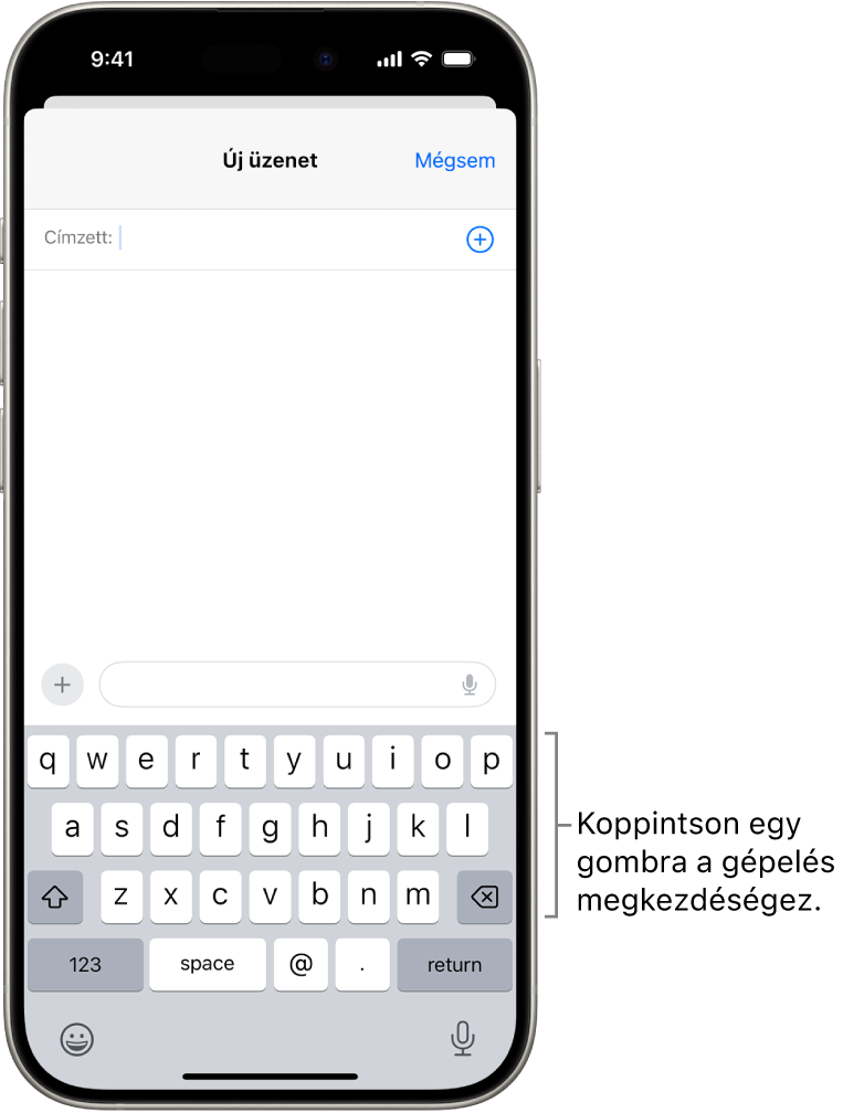Egy üres e-mail van megnyitva a Mail appban. A képernyő alsó felén a képernyő-billentyűzet látható.