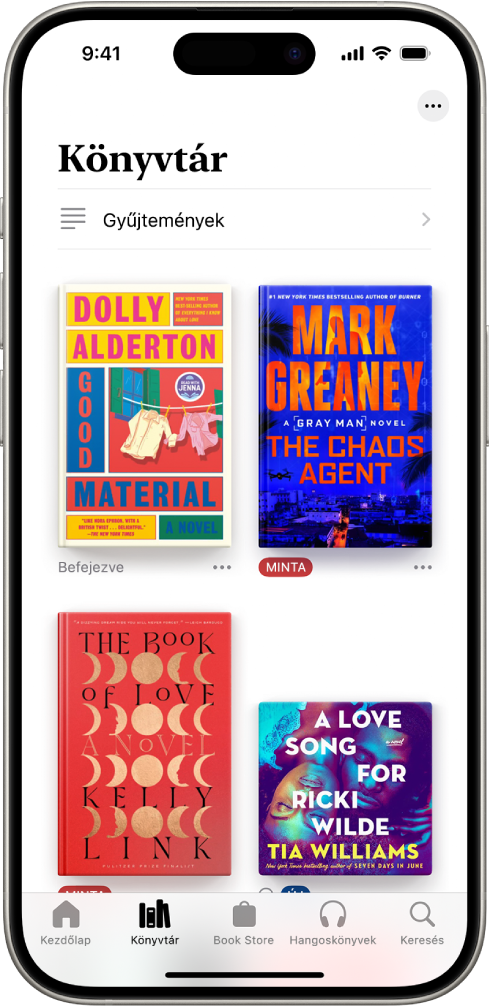 A Könyvtár képernyő a Könyvek appban. A Gyűjtemények gomb a képernyő felső részén található. A képernyő közepén a könyvek borítói jelennek meg. A képernyő alján balról jobbra haladva a következő lapok láthatók: Kezdőlap, Könyvtár, Book Store, Hangoskönyvek és Keresés. A Könyvtár lap van kiválasztva.