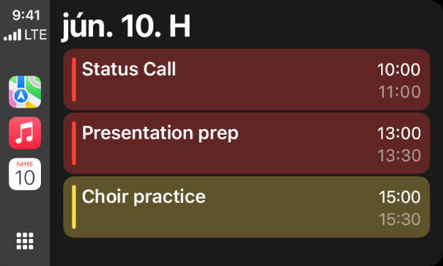 A CarPlay megjeleníti a Térképeket, a Zenét és a Naptárat az oldalsávon. Jobb oldalon a június 5-re, hétfőre ütemezett portfolióval végzett munka, vezetési képességek oktatása, előadás előkészítése és kórusgyakorlás látható.
