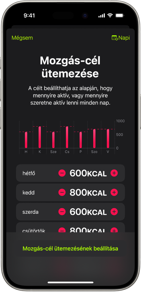 A Fitnesz app Mozgás-cél ütemezése képernyőjén gombok láthatók, amelyekkel a hét napjai szerint növelheti vagy csökkentheti a mozgáscélt.