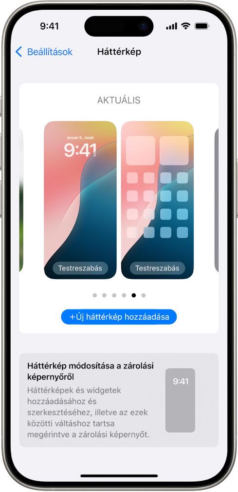 A Háttérkép-beállítások képernyő a Főképernyő és a Zárolási képernyő aktuális háttérképének testreszabására szolgáló gombokkal, valamint az Új háttérkép hozzáadása gombbal, amellyel a háttérkép lecserélhető.
