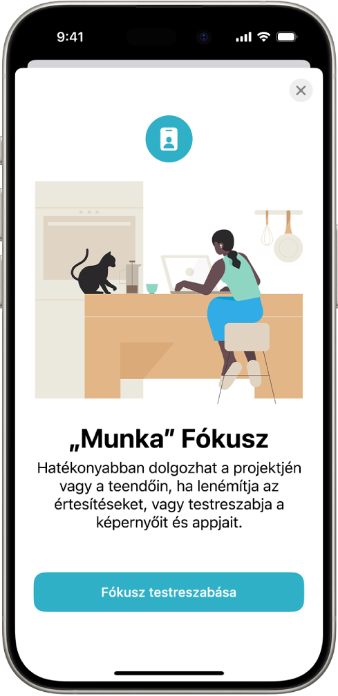 Egy képernyő négy különböző Fókusz lehetőséggel – Ne zavarjanak, Személyes, Alvás és Munka. A Megosztás eszközök közt gomb lehetővé teszi, hogy ugyanazokat a beállításokat használja a Fókuszhoz az összes olyan Apple-eszközén, amelyeken ugyanabba az Apple-fiókba van bejelentkezve.