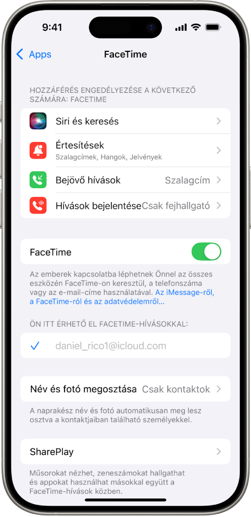 A FaceTime-beállítások képernyője egy kapcsolóval, amely a FaceTime be- és kikapcsolására szolgál, illetve egy mezővel, ahol megadhatja az Apple-fiókját a FaceTime-hoz.