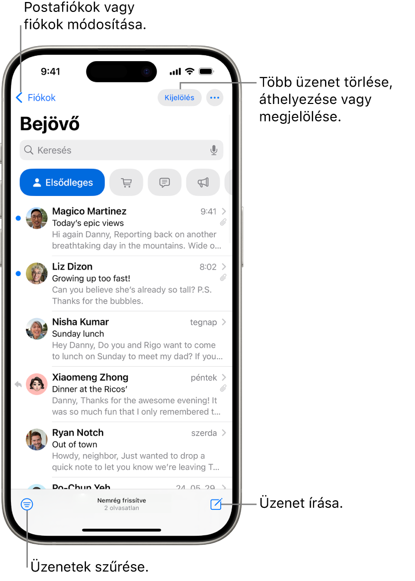 A Bejövő postafiók a Mailben az e-mailek listájával.