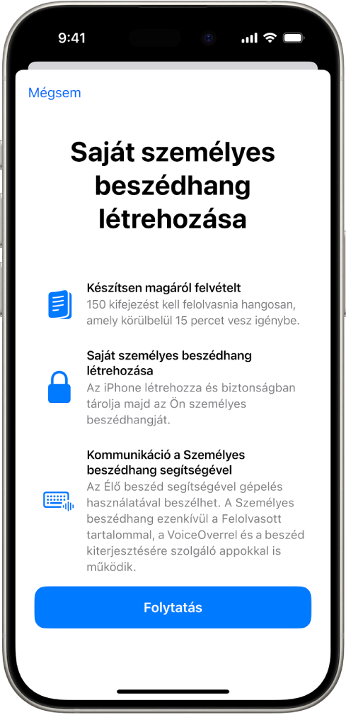 Egy iPhone, amelyen információk láthatók arról, hogyan hozhat létre személyes beszédhangot.