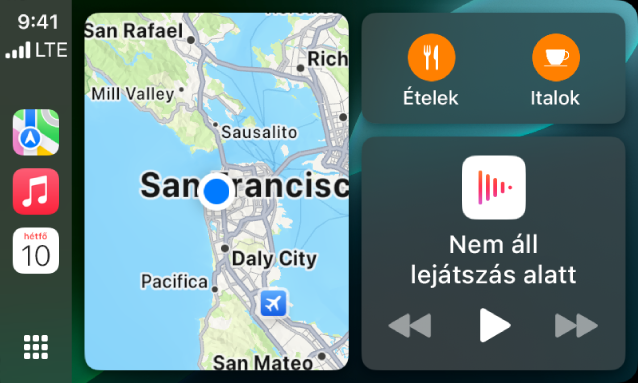 A CarPlay Dashboardja megjeleníti a Térképeket, a Zenét és az Üzeneteket az oldalsávon. Jobb oldalon az Apple Park térképe, egy navigációs ablak és az éppen lejátszott elemek alatt ablaka látható.