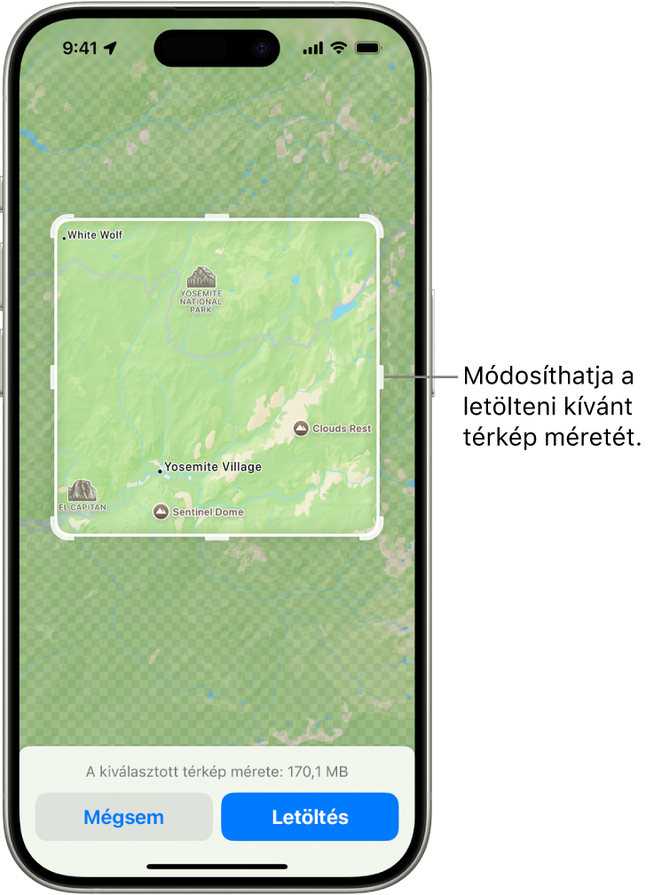 Egy nemzeti park térképe. A parkot egy fogantyúkkal rendelkező négyszög veszi körbe, amelyet mozgatva megváltoztatható a letölthető térkép mérete. A kiválasztott térkép letöltési mérete a térkép aljának közelében látható. A Mégsem és a Letöltés gomb a képernyő alján láthatók.