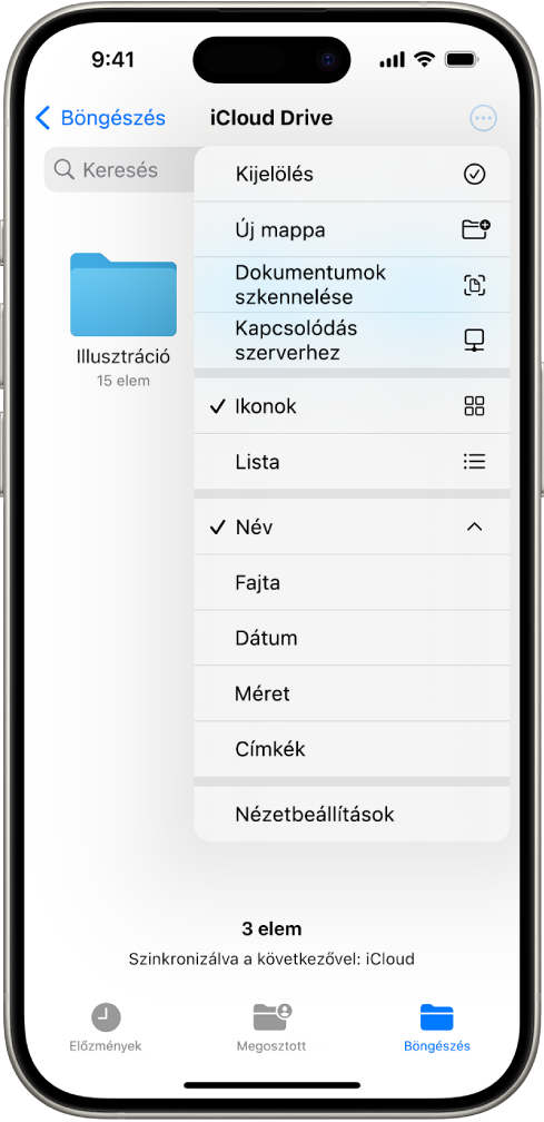 A Fájlok app a kiválasztott Továbbiak gombbal. A látható menüben a Kijelölés, az Új mappa, a Dokumentumok szkennelése és a Kapcsolódás a szerverre lehetőség látható. Alattuk a képernyőn lévő elemek ikonokként vagy listaként való megtekintésének beállításai láthatók. Alul a Név, a Fajta, a Dátum, a Méret, a Címkék rendezési lehetőségek láthatók, amelyeket a Nézetbeállítások követ.