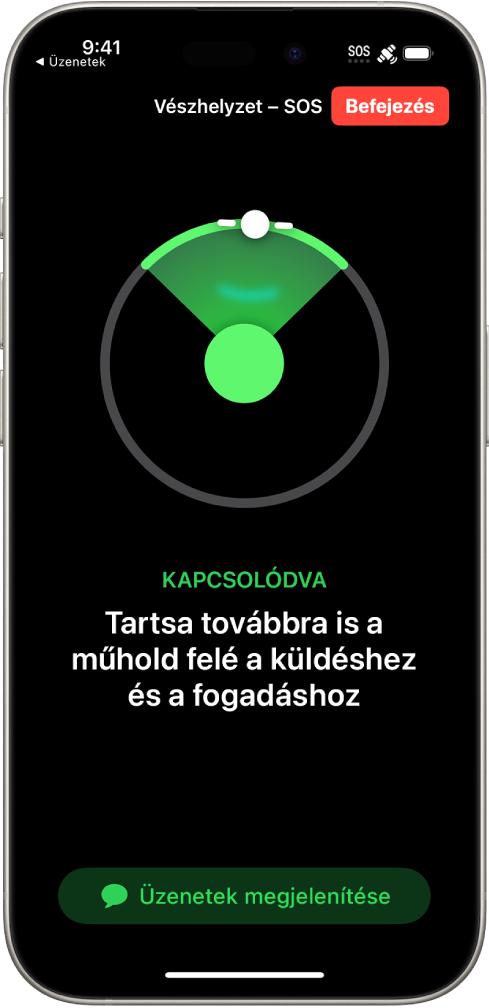 A Vészhelyzet – SOS képernyő, amely jelzi, hogy a telefon csatlakoztatva van, és azt kéri a felhasználótól, hogy továbbra is mutasson a műhold irányába. Az Üzenetek megjelenítése gomb a képernyő alján található.