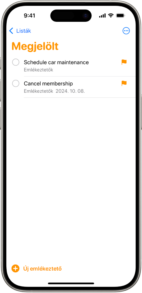 Az Emlékeztetők képernyőjén egy intelligens lista látható, amely az összes megjelölt elemet tartalmazza.