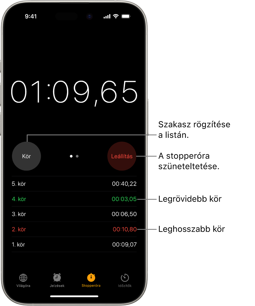 Az Óra appban egy stopperóra megjeleníti, hogy mennyi ideig tartott egy esemény, alatta pedig az eseményen belüli körök láthatók.