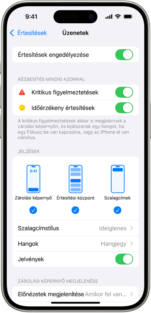 Egy iPhone az Üzenetek app értesítési és jelzésekkel kapcsolatos beállításaival.