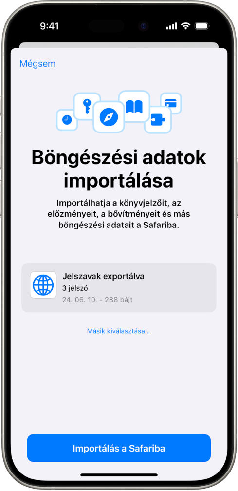 A Böngészési adatok importálása képernyő, amelyen az importálandó jelszavakat tartalmazó CSV-fájl látható egy másik jelszókezelőből.