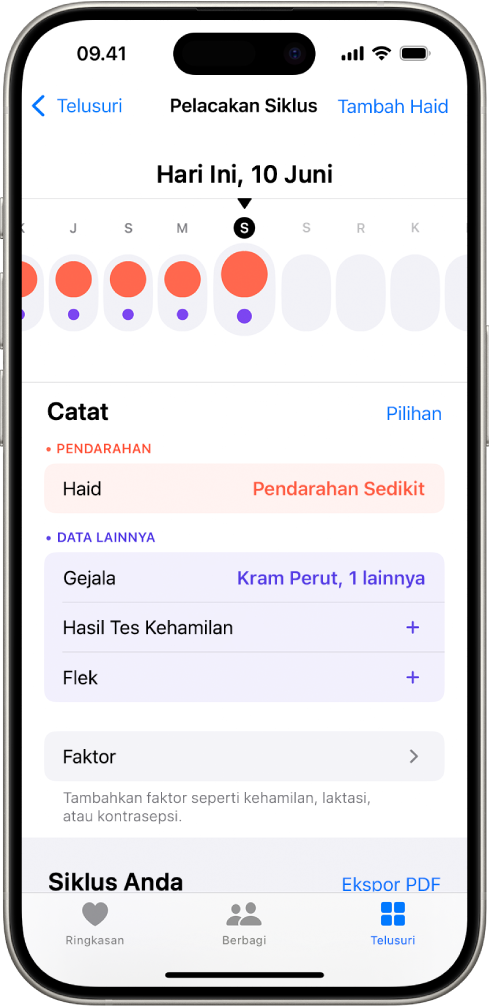 Layar Pelacakan Siklus menampilkan garis waktu untuk seminggu di bagian atas layar. Lingkaran merah padat dan titik ungu menandakan 5 hari pertama di garis waktu. Di bawah garis waktu terdapat pilihan untuk menambahkan informasi mengenai haid, gejala, dan lainnya.