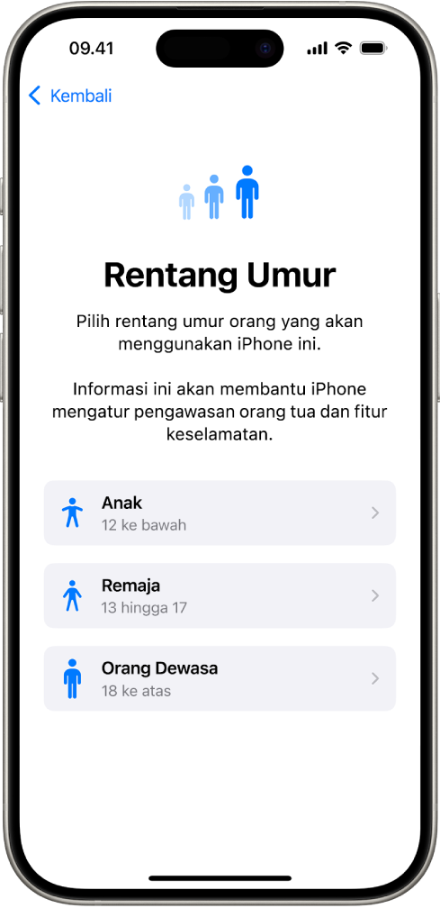 Layar pengaturan Rentang Umur. Tiga rentang umur tercantum: Anak (12 tahun ke bawah), Remaja (13 hingga 17 tahun), dan Dewasa (18 tahun ke atas).