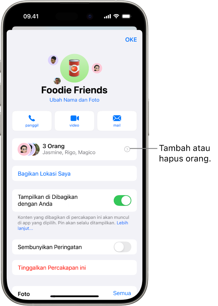 Detail percakapan untuk grup.