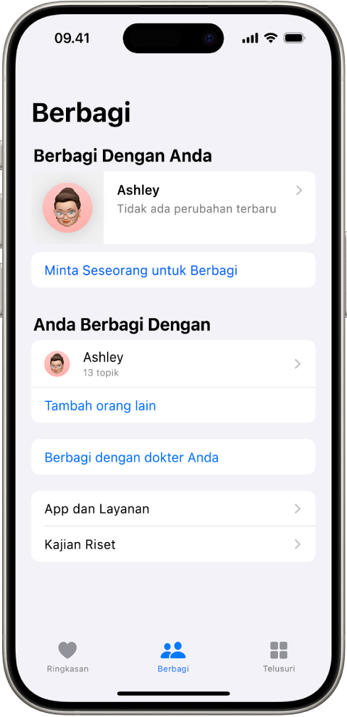 Layar Berbagi di app Kesehatan.
