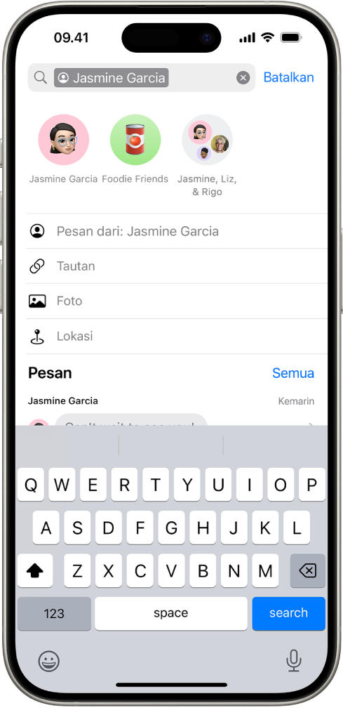 Bidang pencarian di app Pesan. Bidang pencarian berisi label yang membatasi pencarian ke pesan dari satu orang. Label lainnya untuk ditambahkan ke bidang pencarian—Tautan, Foto, Lokasi, dan Dokumen—muncul sebagai pilihan.