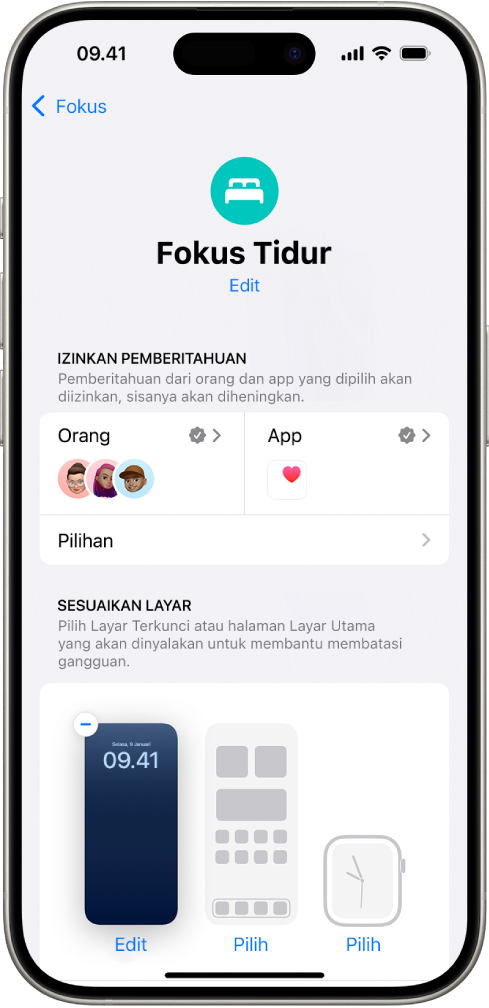 Layar Fokus Tidur menampilkan tiga orang dan satu app diizinkan untuk mengirimkan pemberitahuan.