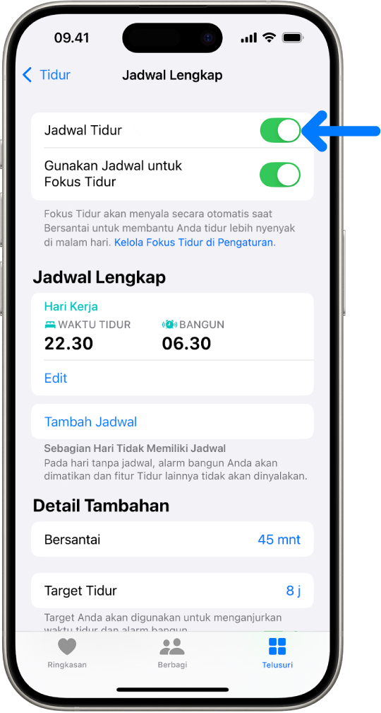 Layar tidur Jadwal Lengkap di Kesehatan dengan Jadwal Tidur dinyalakan di bagian atas.