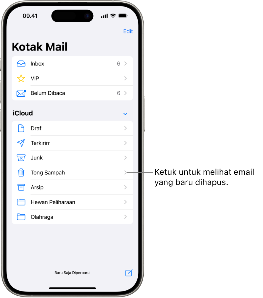 Layar Kotak Mail. Di bawah iCloud, kotak mail tercantum dari atas ke bawah, termasuk kotak mail Tong Sampah. Ketuk untuk melihat pesan yang baru dihapus.