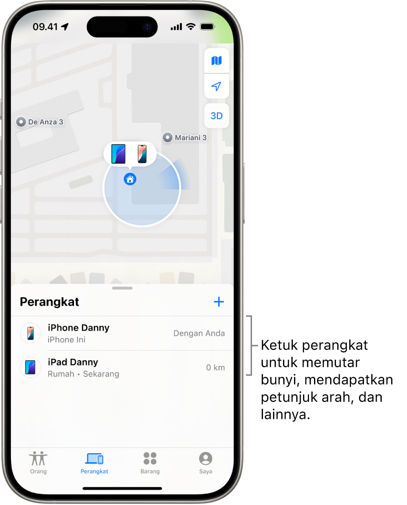 Layar Lacak dibuka ke daftar Perangkat. Terdapat dua perangkat di daftar Perangkat: iPhone Doni dan iPad Doni. Lokasinya ditampilkan di peta.