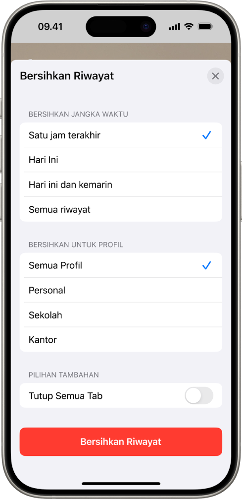 Menu Bersihkan Riwayat. Di bawah Bersihkan Jangka Waktu, Jam terakhir dipilih. Semua Profil dipilih di bawah Bersihkan untuk Profil. Tombol Bersihkan Riwayat ada di bagian bawah layar.