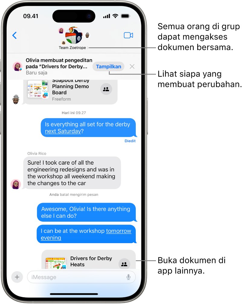 Percakapan grup di Pesan meliputi undangan kolaborasi dan pembaruan di bagian atas jendela percakapan.