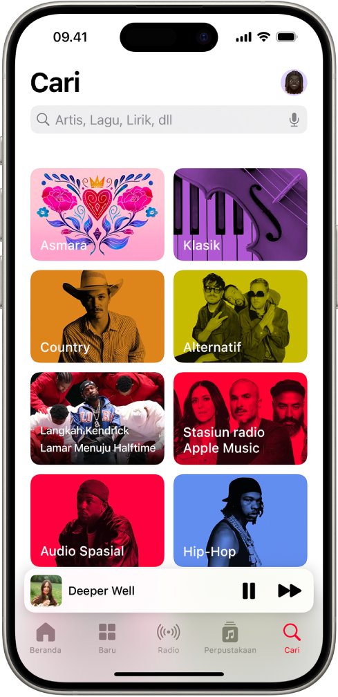 Layar Cari menampilkan bidang pencarian di bagian atas. Delapan kategori musik muncul di bawah ini.