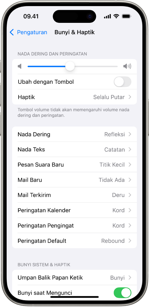 Layar Bunyi dan Haptik di Pengaturan. Pilihan pada layar dari atas ke bawah adalah Audio Headphone dan Keamanan Headphone, Volume Nada Dering dan Peringatan dengan penggeser untuk menyesuaikan volume dan pilihan untuk mengubah volume dengan tombol, serta Bunyi dan Pola Haptik termasuk Nada Dering dan Nada Teks.