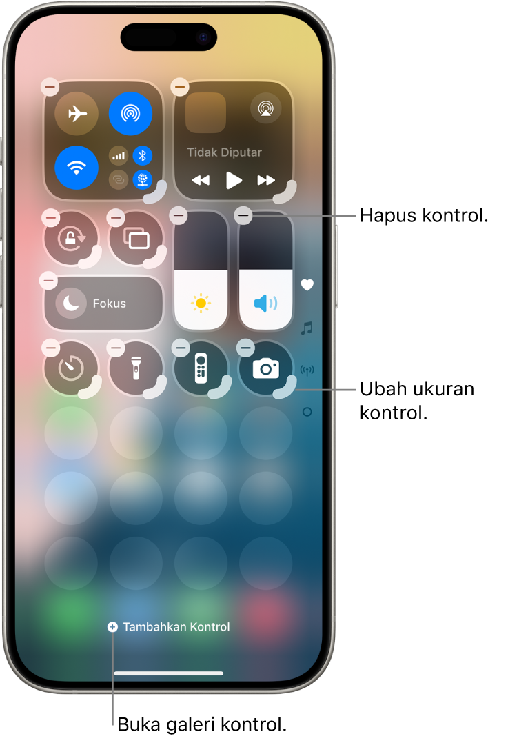 Pusat Kontrol yang sedang diedit, dengan tombol Hapus dan pengendali ubah ukuran di setiap kontrol.