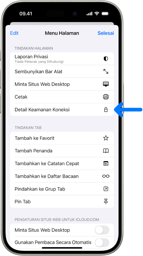 Menu Pengaturan Halaman terbuka di Safari, dan kontrol Detail Keamanan Koneksi berada di bagian bawah tengah halaman.