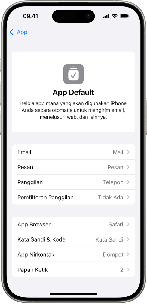 Layar untuk mengubah app default Anda untuk mengirim email, menelusuri web, dan lainnya.