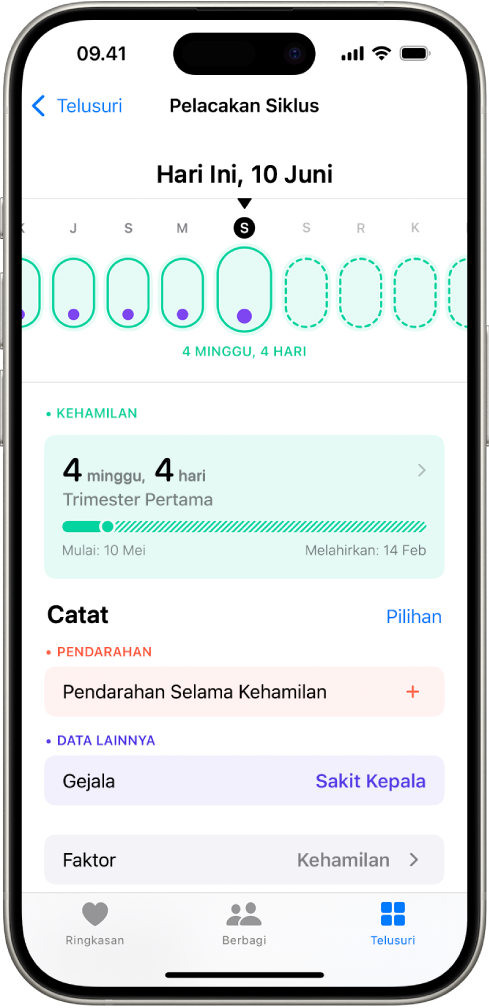 Layar Pelacakan Siklus dengan garis waktu kehamilan untuk seminggu di bagian atas layar. Oval hijau muda dan titik ungu menandakan 5 hari pertama di garis waktu. Oval hijau muda putus-putus menandakan hari lainnya di garis waktu. Di bawah garis waktu terdapat ringkasan kehamilan yang menampilkan umur kehamilan, tanggal mulai, dan estimasi tanggal melahirkan. Di bawah ringkasan kehamilan waktu terdapat pilihan untuk menambahkan informasi mengenai pendarahan selama kehamilan, gejala, dan lainnya.