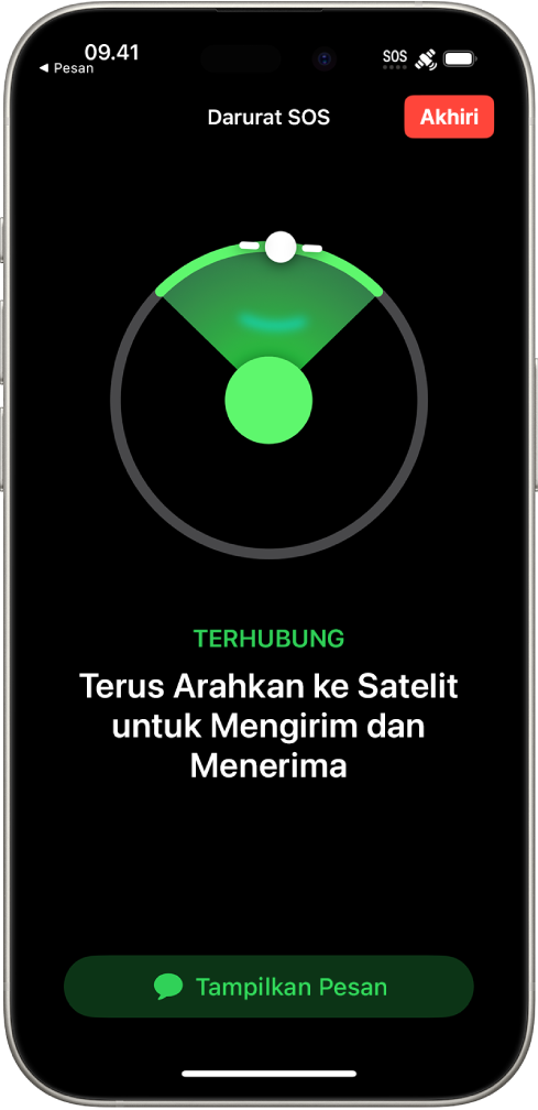 Layar Darurat SOS, menampilkan bahwa ponsel terhubung dan menginstruksikan pengguna untuk terus mengarahkan ke satelit. Tombol Tampilkan Pesan ada di bagian bawah layar.