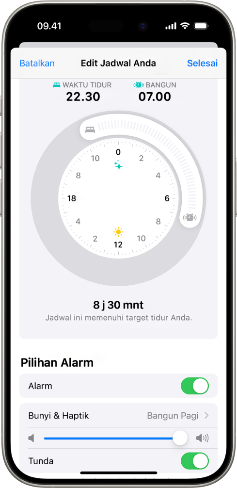 Layar Edit Jadwal Anda di Kesehatan, dengan jam Waktu Tidur dan Bangun di bagian atas layar, serta pilihan alarm di bagian bawah layar.