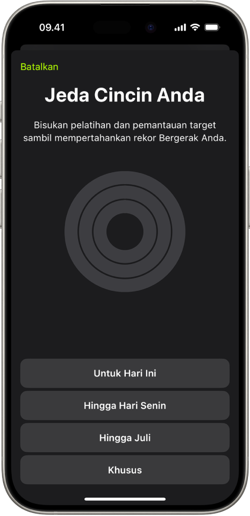 Layar Jeda Cincin Anda di Kebugaran, yang menampilkan pilihan untuk menjeda cincin Aktivitas.