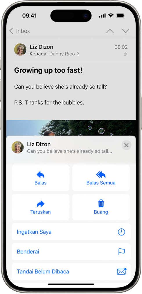 Email menampilkan opsi balasan. Di sepanjang bagian tengah layar, dari kiri ke kanan, terdapat Balas, Balas Semua, Teruskan, dan Tong Sampah.
