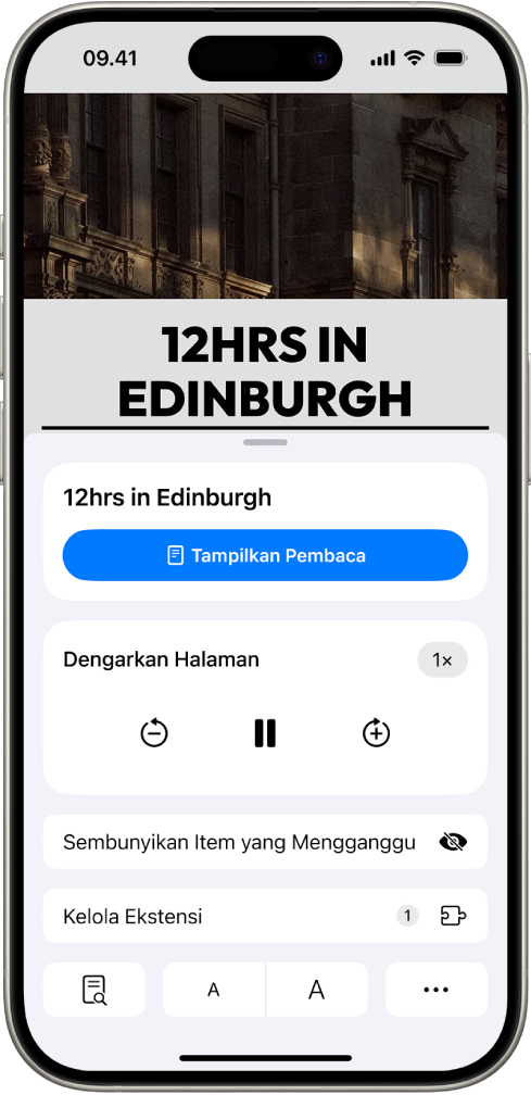 Situs web dibuka di Safari. Tombol Pengaturan Halaman dipilih dan kontrol mendengarkan ditampilkan.