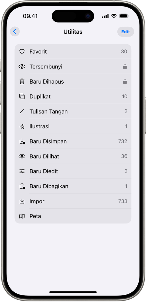 Di app Foto, koleksi Utilitas terbuka, menampilkan daftar koleksi foto.