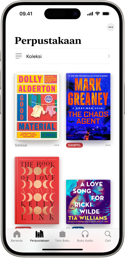 Layar Perpustakaan di app Buku. Di bagian atas layar terdapat tombol Koleksi. Di bagian tengah layar terdapat sampul buku. Di bagian bawah layar, dari kiri ke kanan, terdapat tab Beranda, Perpustakaan, Toko Buku, Buku Audio, dan Cari. Tab Perpustakaan dipilih.