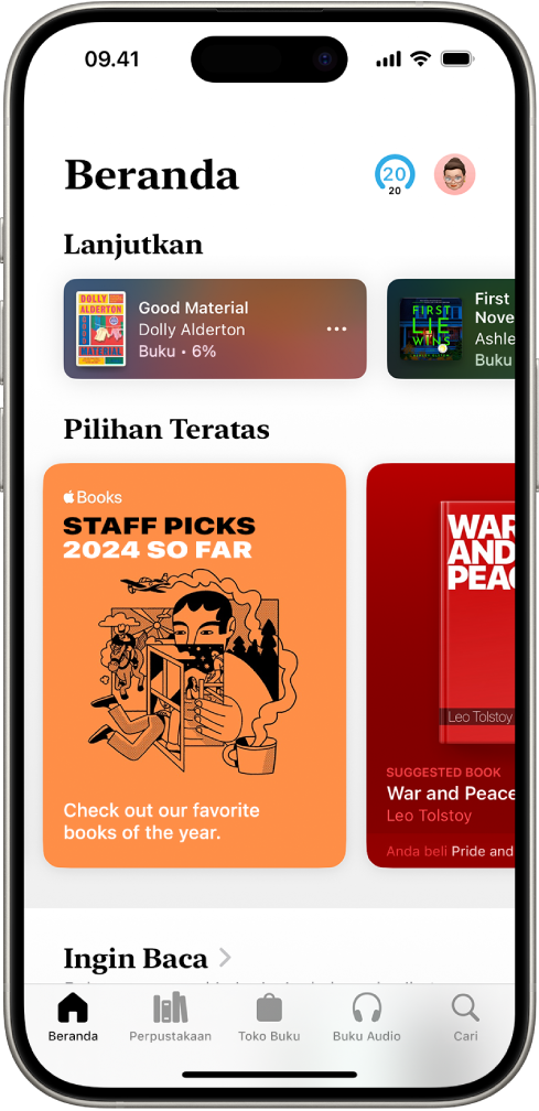 Layar Beranda di app Buku. Di bagian bawah layar, dari kiri ke kanan, terdapat tab Beranda, Perpustakaan, Toko Buku, Buku Audio, dan Cari. Tab Beranda dipilih.