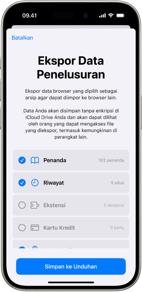 Layar Ekspor Data Penelusuran, yang menampilkan data yang dapat Anda ekspor dari Safari ke browser lain.