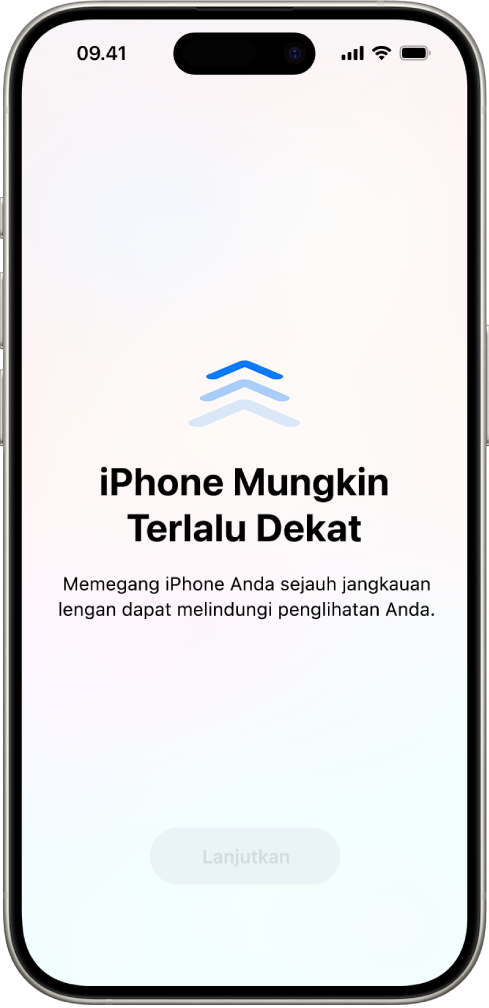 Peringatan layar bahwa Anda memegang iPhone terlalu dekat dan Anda harus menjauhkannya untuk melindungi kesehatan mata Anda. Peringatan menutupi layar, menghentikan Anda untuk melanjutkan. Ada tombol Lanjutkan yang menjadi aktif saat Anda memindahkan iPhone ke jarak yang aman.