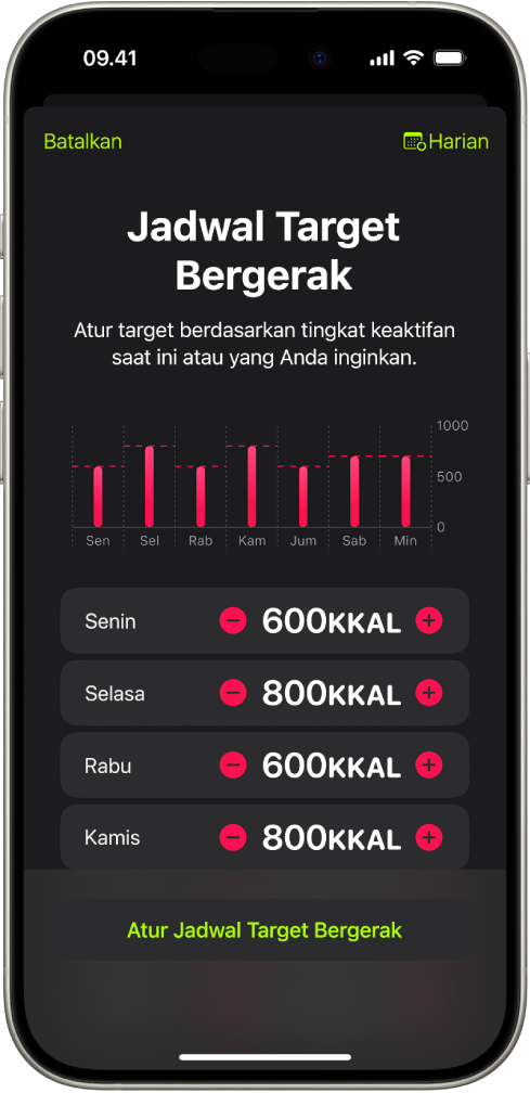 Layar Jadwal Target Bergerak Kebugaran yang menampilkan tombol untuk meningkatkan atau mengurangi target Bergerak menurut hari dalam seminggu.