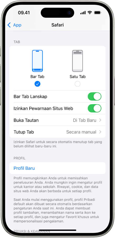 Layar menampilkan dua pilihan tata letak Safari: Bar Tab dan Satu Tab.