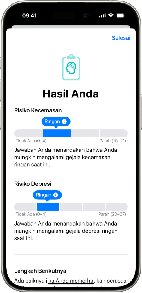 Layar di app Kesehatan yang menampilkan hasil dari kuesioner kesehatan mental.